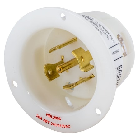 Hubbell Wiring Device-Kellems Flanged Locking Inlet, 30 A, 240/415V AC, Three Phase, 4 Pole, Screw Terminals, White HBL2805